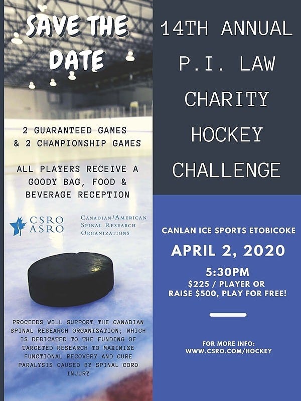 April 2, 14th Annual Personal Injury Hockey Challenge for Spinal Cord Research